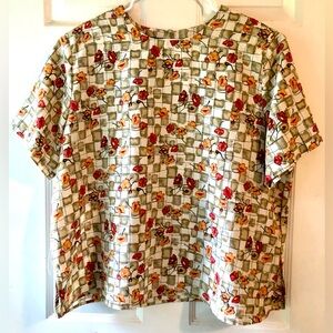 Impressions Russet Gold Floral Sage Olive Check Short Sleeve Pullover Blouse 2X